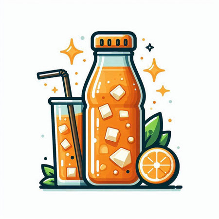 Orange juice in a bottle and a glass with a straw. Vector illustration.のイラスト素材