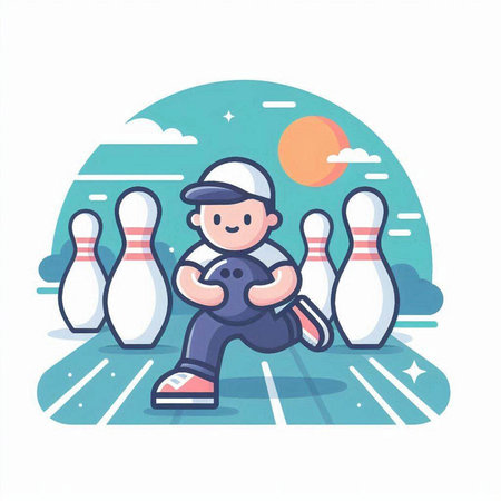 Vector illustration of a boy playing bowling. Flat style design for web, site, advertising, banner, poster, board and print.のイラスト素材