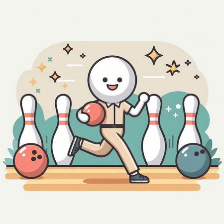 Cartoon bowling player and pins. Vector illustration in flat style.のイラスト素材