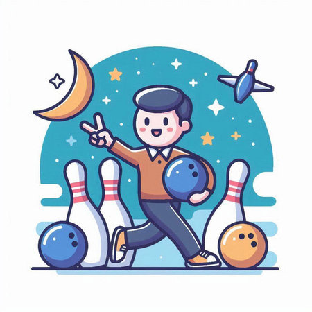 Cartoon man playing bowling with ball, moon and stars. Vector illustrationのイラスト素材