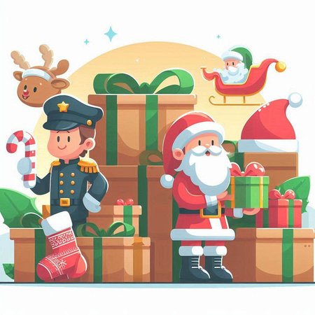 Santa Claus, Reindeer, Santa Claus and elf with gift boxes. Vector illustrationのイラスト素材