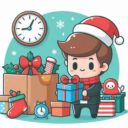 Cute boy in Santa hat with gift box and clock. Vector illustration.のイラスト素材