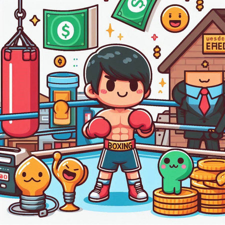 Cartoon illustration of a boy in boxing gloves fighting for money.のイラスト素材