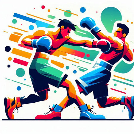 Two Boxers fighting in abstract colorful background. Vector illustration for sport design.のイラスト素材