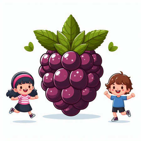 Vector Illustration of Cute Little Boy and Girl Holding Raspberriesのイラスト素材