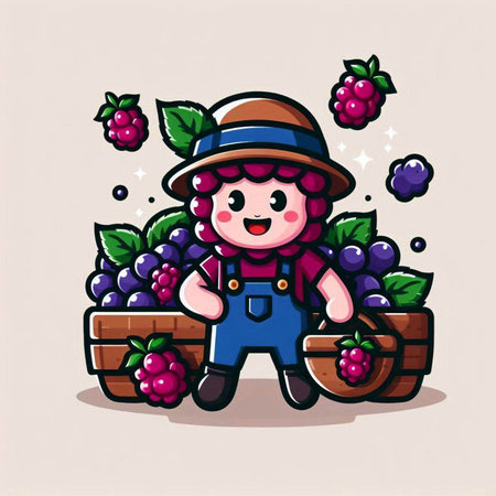 Cartoon farmer girl holding a basket of grapes. Vector illustration.のイラスト素材