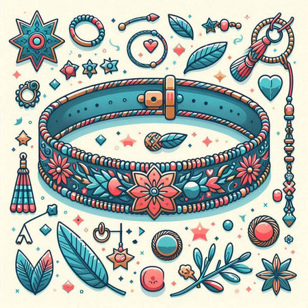 Hand drawn vector illustration of a boho style belt with flowers.のイラスト素材