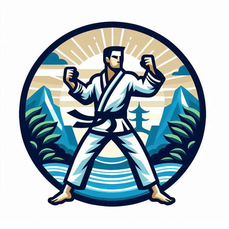Illustration of a taekwondo fighter with arms raised facing front set inside circle on isolated background done in retro style.のイラスト素材