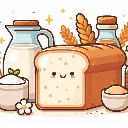 Illustration of a Cute Freshly Baked Bread and Ingredientsのイラスト素材