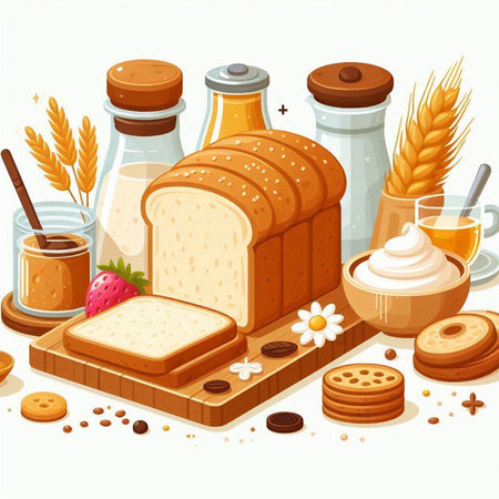 Bread and bakery products on white background. Vector cartoon illustration.のイラスト素材