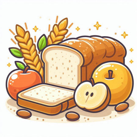 Illustration of a slice of bread with wheat, apples and cinnamonのイラスト素材