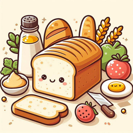 Illustration of a cute cartoon bread with ingredients on a light backgroundのイラスト素材