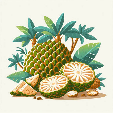 Pineapples and coconuts with green leaves. Vector illustration.のイラスト素材