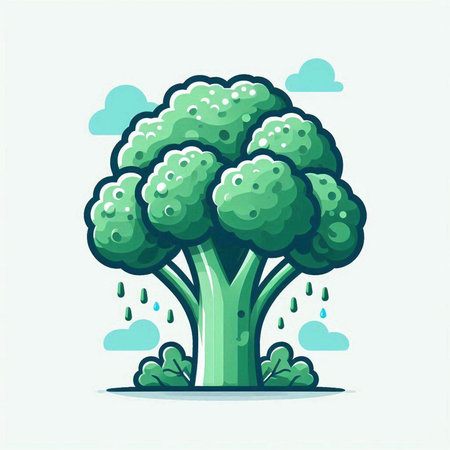 Broccoli in the rain. Vector illustration in flat cartoon style.のイラスト素材