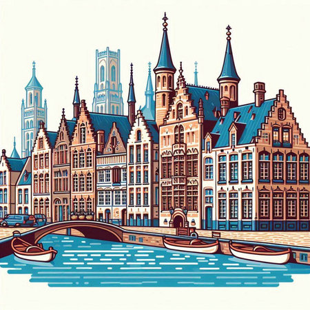 Panoramic view of Amsterdam, Netherlands. Hand drawn vector illustration.のイラスト素材