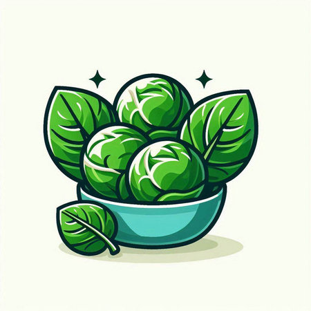 Bowl of Brussels sprouts with leaves isolated on white background. Vector illustration.のイラスト素材
