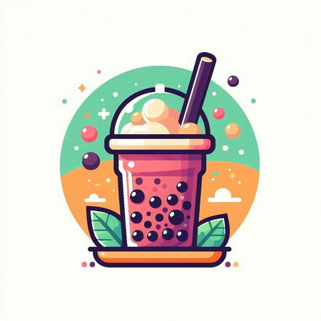 Bubble tea vector illustration. Cartoon bubble tea with whipped cream and berries.のイラスト素材