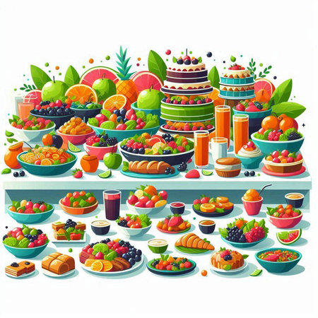 Fruits and berries on the table. Vector illustration in cartoon style.のイラスト素材