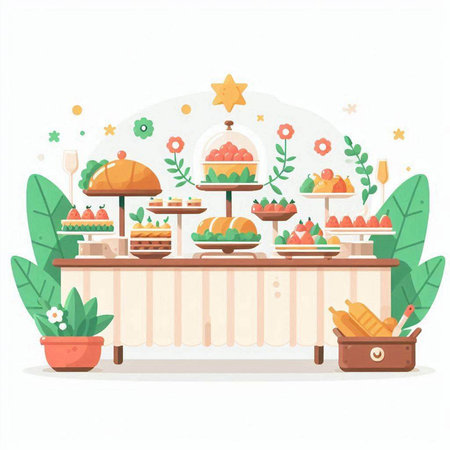 Catering buffet with fruits and vegetables. Flat vector illustration.のイラスト素材