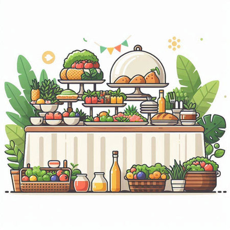 Catering buffet with fresh fruits and vegetables. Vector illustration.のイラスト素材
