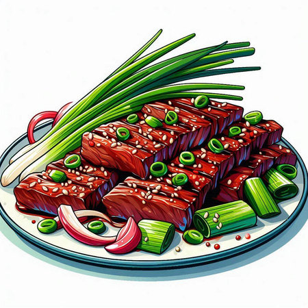 Illustration of a plate of beef ribs with green onions and sesame seedsのイラスト素材