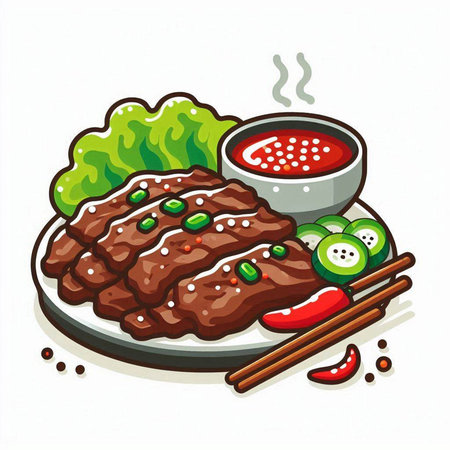 Grilled beef steak with sauce and vegetables on plate. Vector illustration.のイラスト素材