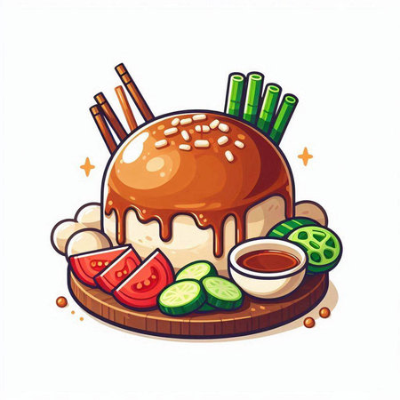 Illustration of a burger with chopsticks and vegetables on a white backgroundのイラスト素材