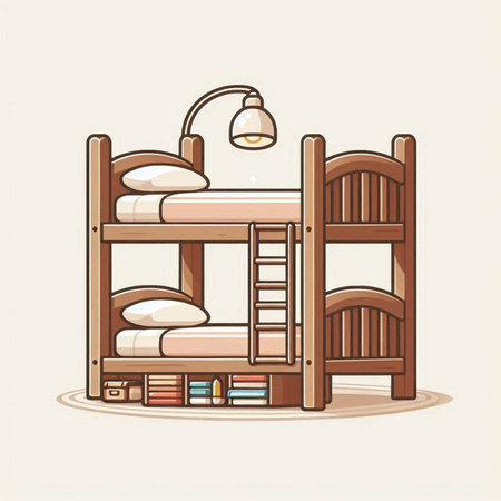 Illustration of wooden bunk bed with books and lamp. Vector illustration.のイラスト素材