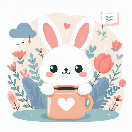 Cute bunny with cup of coffee. Vector illustration in cartoon style.のイラスト素材