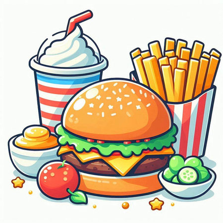 Illustration of a Hamburger, French Fries and Ice Creamのイラスト素材