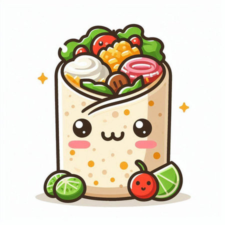 Kawaii mexican burrito cartoon character vector illustration.のイラスト素材