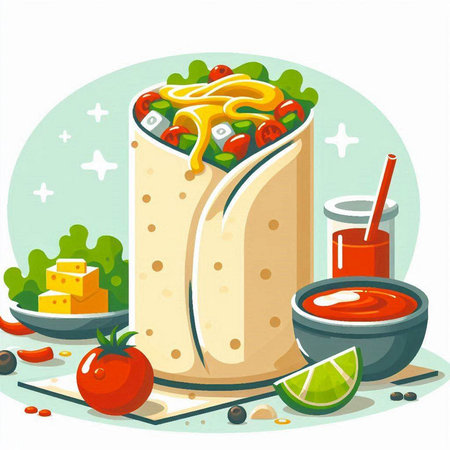Tortilla wrap with vegetables and sauce. Vector illustration in cartoon style.のイラスト素材