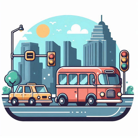 City road with cars and traffic lights. Vector illustration in flat styleのイラスト素材