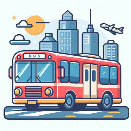 Bus on the background of the city. Vector illustration in flat styleのイラスト素材
