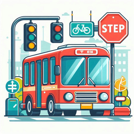 Vector illustration of a red bus with traffic lights in the city.のイラスト素材