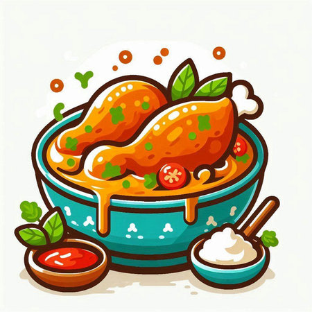 Illustration of a bowl of chicken curry with tomato sauce and herbsのイラスト素材