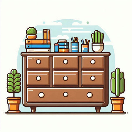 Wooden chest of drawers with books and cacti. Vector illustrationのイラスト素材