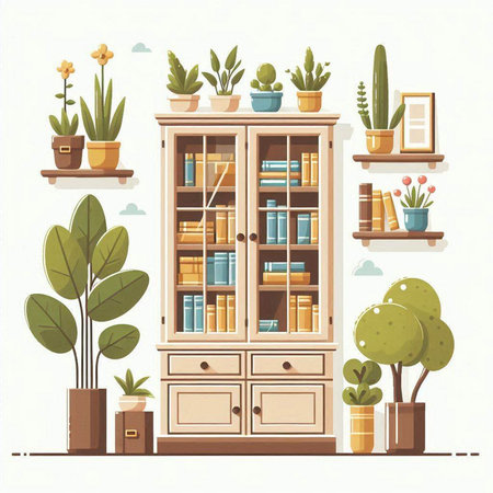 Bookshelf with books and plants. Vector illustration in flat styleのイラスト素材