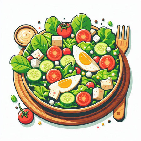 Salad with tomatoes, cucumbers, feta cheese and herbs. Healthy food. Vector illustrationのイラスト素材