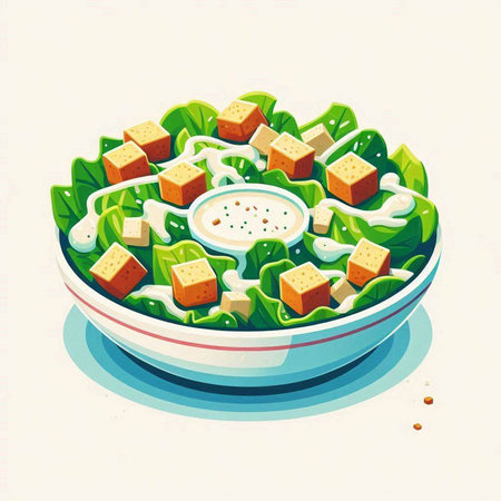 Illustration of a bowl of salad with tofu, cheese and herbsのイラスト素材