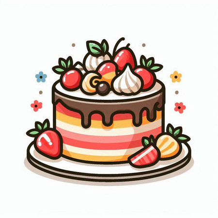 Cake with strawberries, cherries and whipped cream. Vector illustration.のイラスト素材