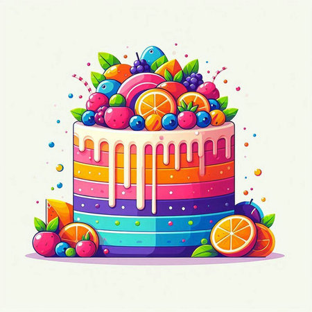 Colorful birthday cake with fruit and berries. Vector illustration isolated on white background.のイラスト素材