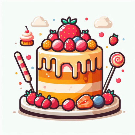 Cake with berries and lollipops. Vector illustration.のイラスト素材