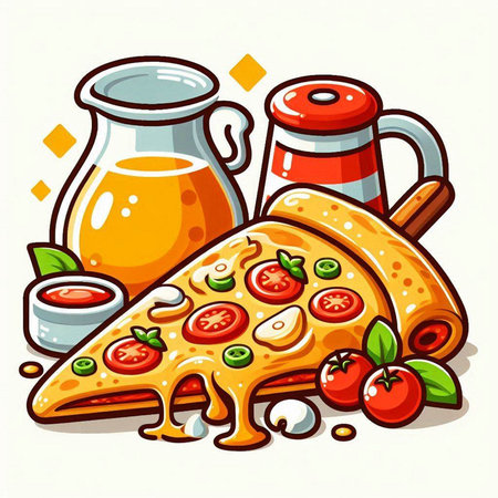 Vector illustration of a pizza slice with tomato sauce and other ingredients.のイラスト素材