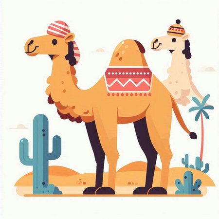 Camel and cactus in desert. Vector illustration in flat styleのイラスト素材