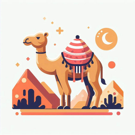 Camel in the desert. Vector illustration in flat cartoon style.のイラスト素材
