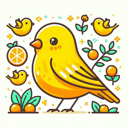 Cute yellow bird with orange and berry. Vector illustration.のイラスト素材