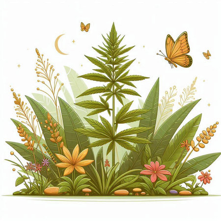 Cannabis plant with flowers, leaves and butterflies. Vector illustration.のイラスト素材
