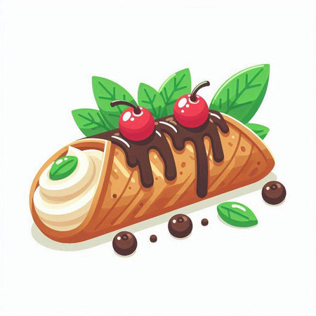 Cake with cream and cherry on a white background. Vector illustrationのイラスト素材