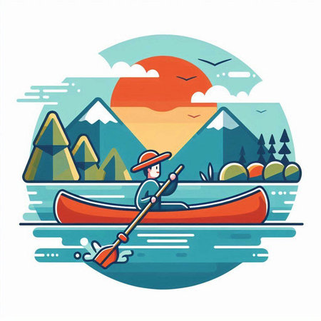 Man in a canoe on the lake. Vector illustration in flat styleのイラスト素材